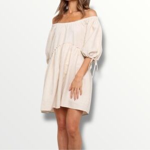 Petal + Pup Mockridge Beige Linen Off The Shoulder Puff Sleeve Flowy Dress